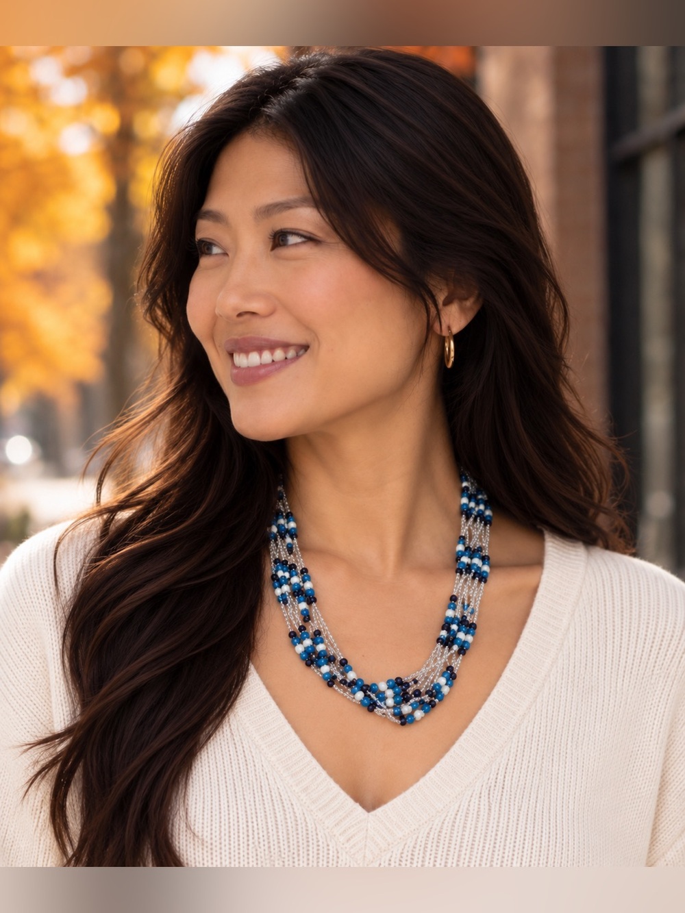 Blue Beaded Necklace Handmade Boho Statement Blue White Beads